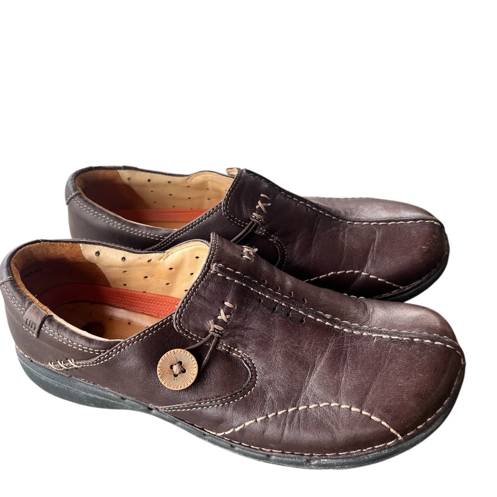 Clarks Woman Structured Slip-On Leather Loafers Rich Dark Brown Size 7M